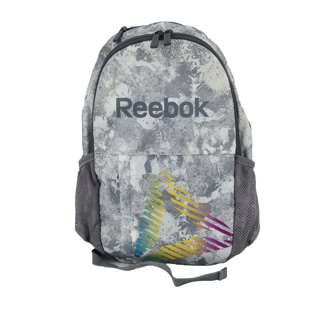 Reebok Backpack Grey Marble Acid Wash Rainbow‎ Logo Padded Straps School Gym Bag